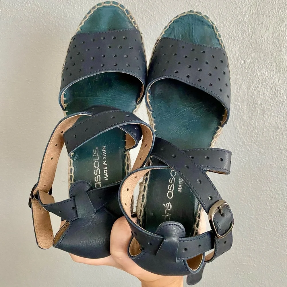 Andre Assous Womens Sandal Wedges Size 9 Leather Blue Made in Spain Espadrilles